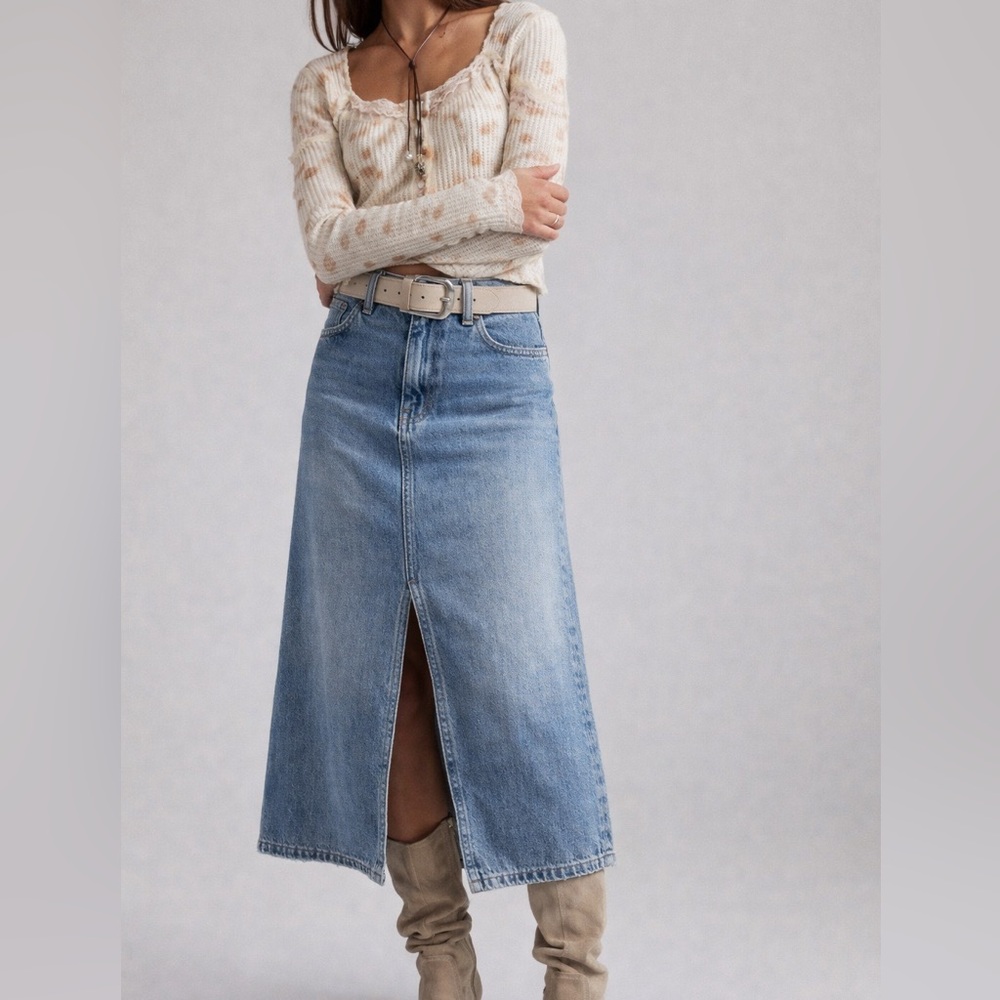 Altar’d State Acid Wash Denim Midi Skirt Front Slit High Rise XL